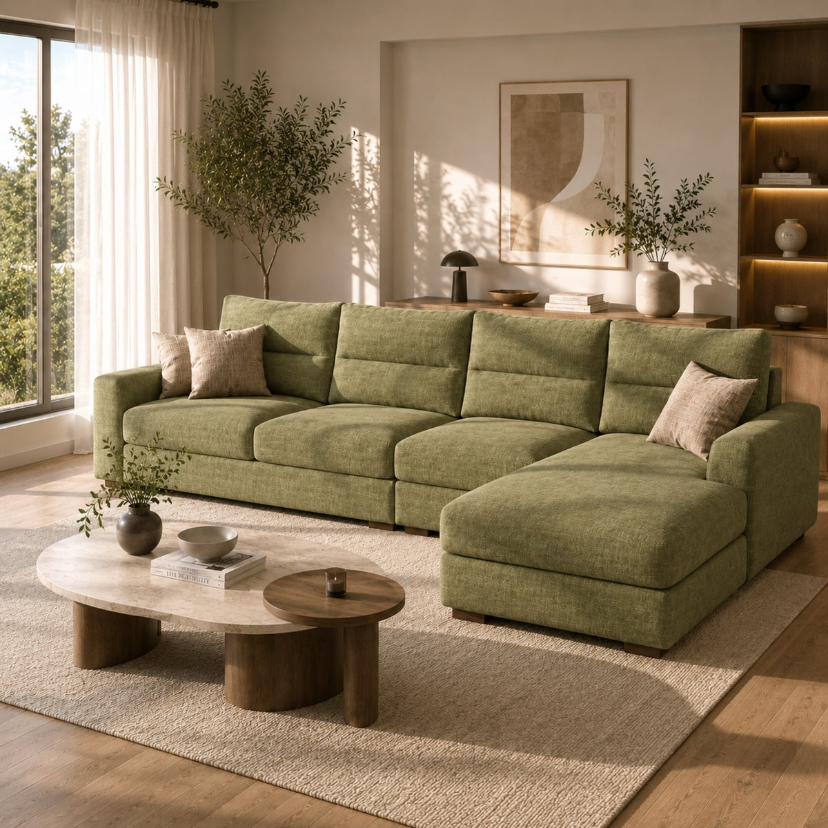 كنبة ركنة حرف L زيتونية بتصميم زاوية – لونت