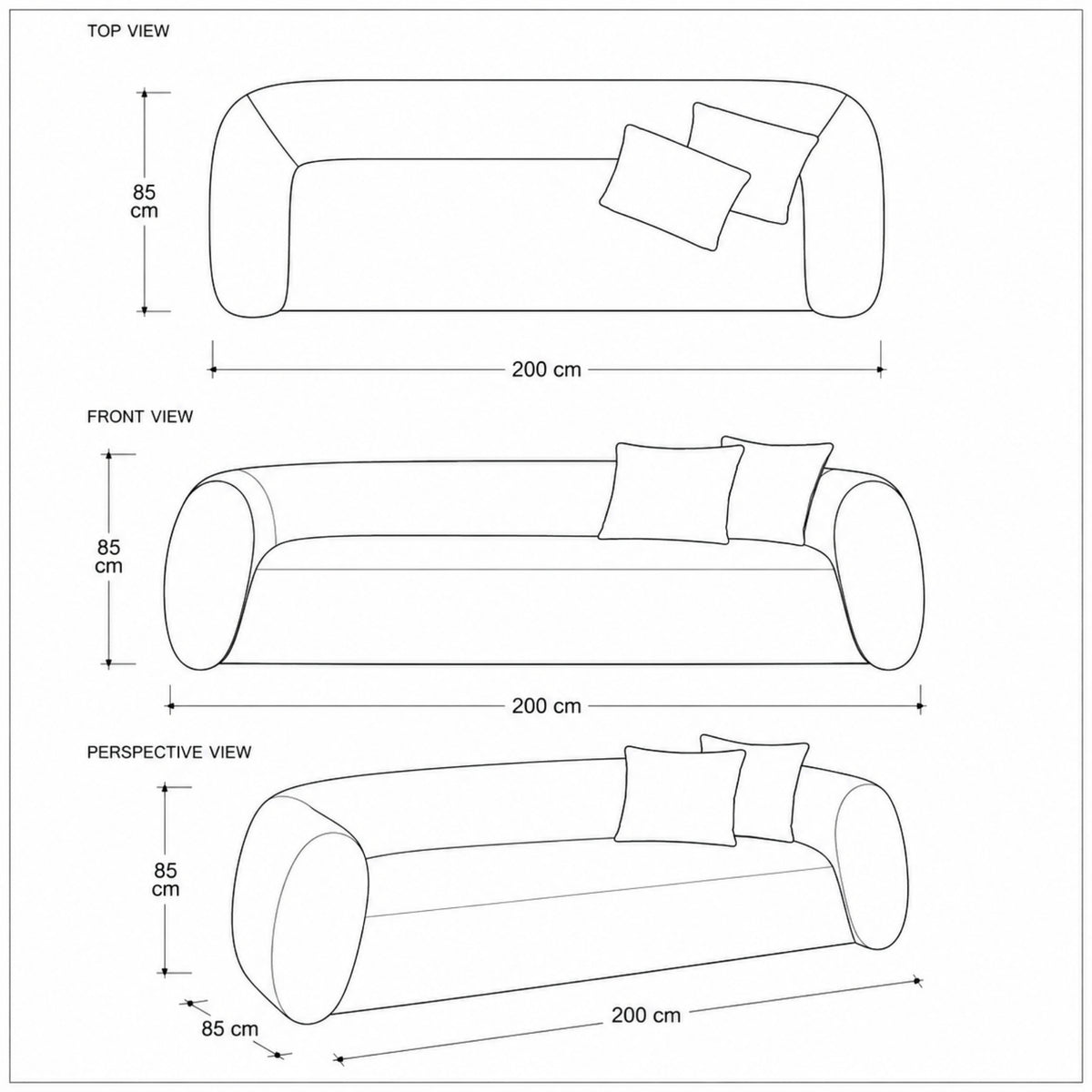 مقاسات الكنبة بالمساند الأسطوانية 200×85×85 سم – لونت