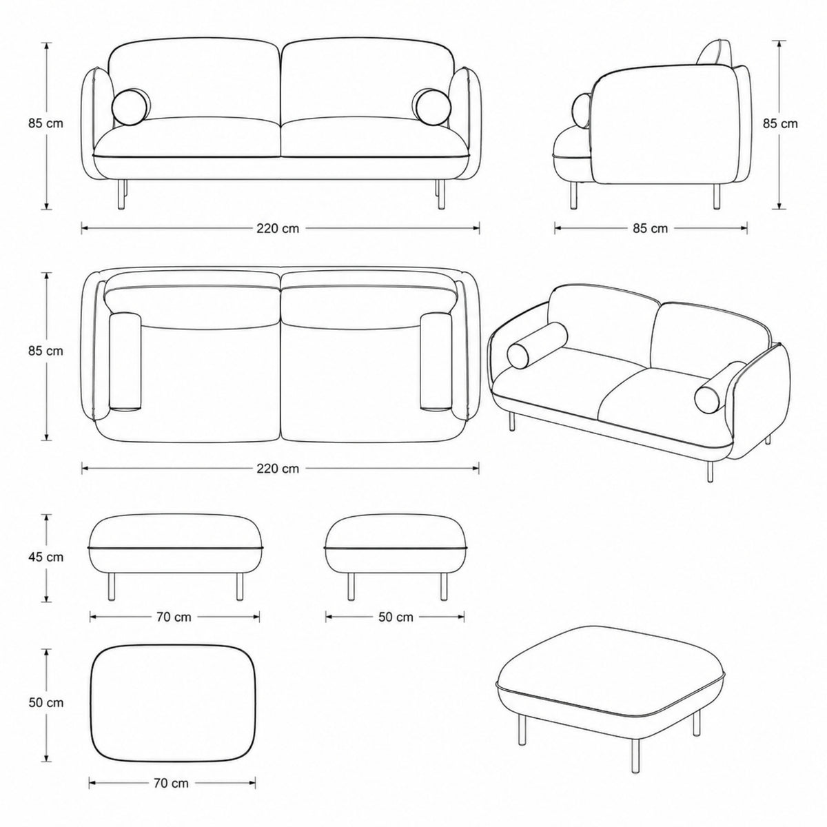 مقاسات الكنبة بالخيط اللوني 200×85×85 سم – لونت