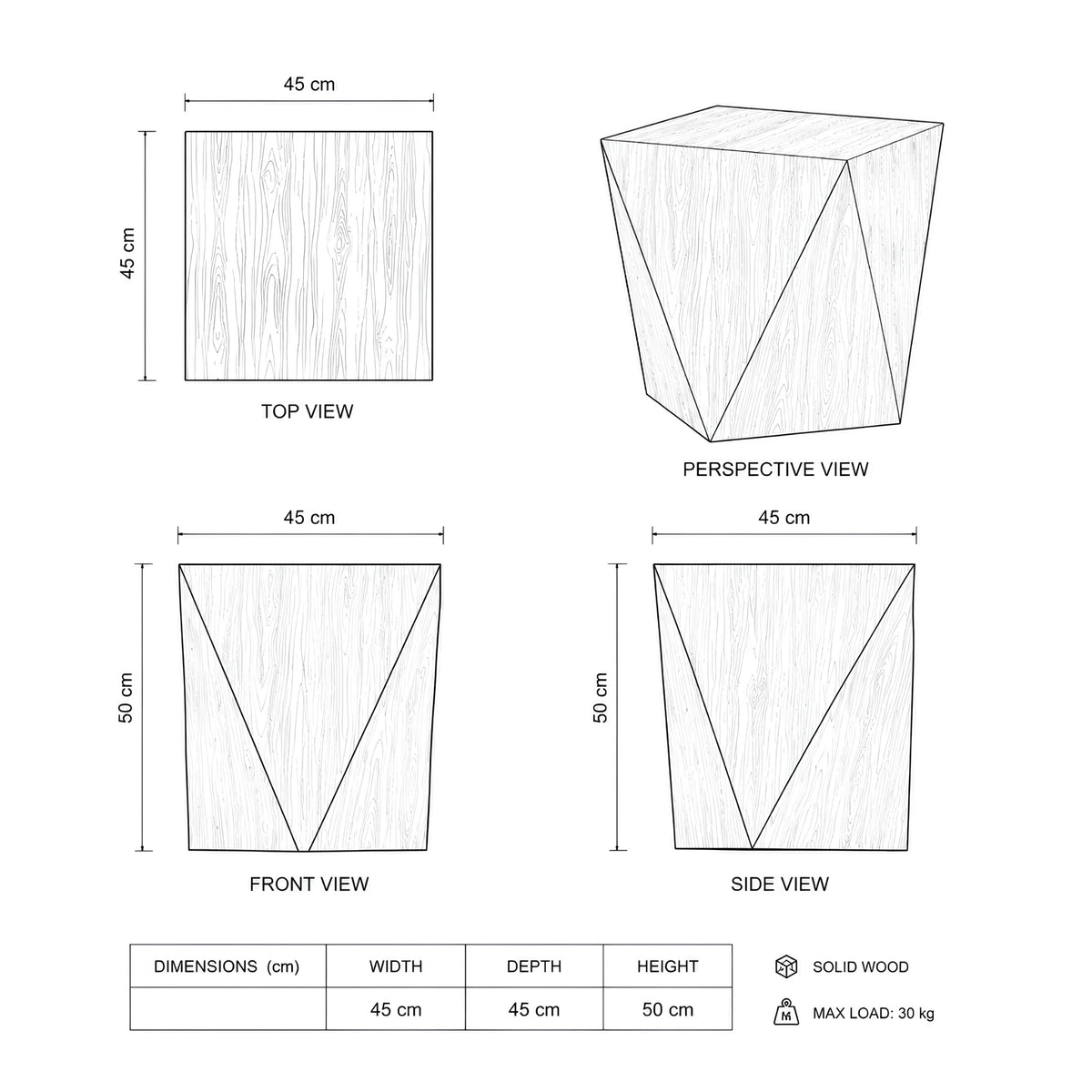 مقاسات الطاولة الهندسية 45×45×50 سم – لونت