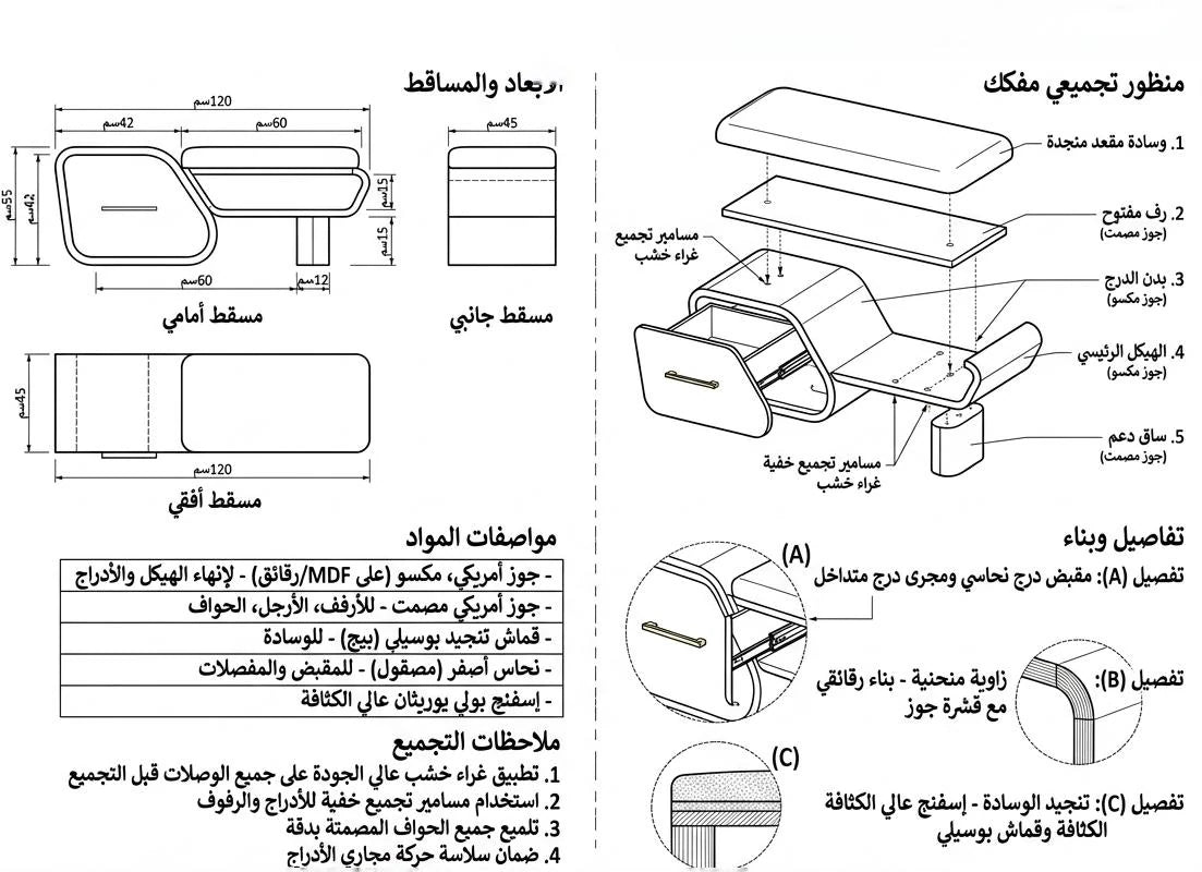 مقاسات البنش المبطّن 120×45×55 سم – لونت